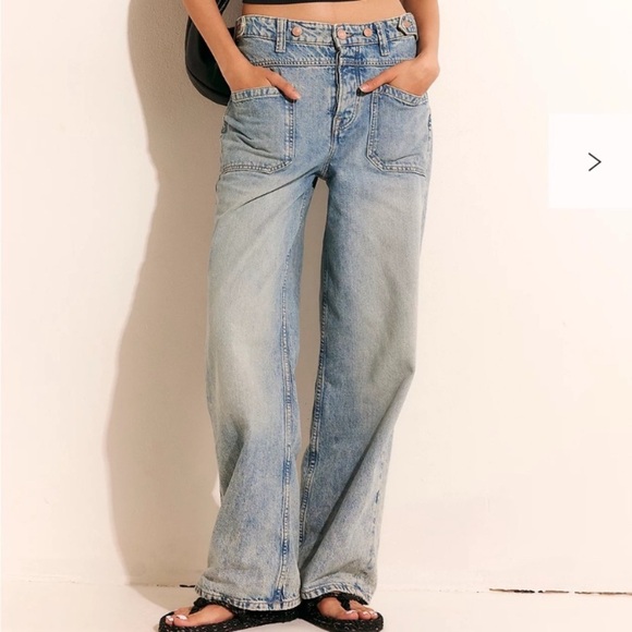 New! Free People Palmer Cuffed Baggy Wide Leg Jeans Blue Gray 2124 - Picture 2 of 14